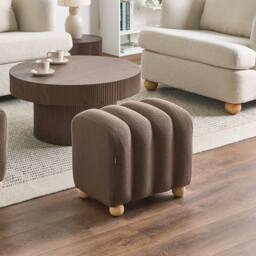 Wyld and Coco Brown Boucle Pouffe Ottoman With Wooden Legs