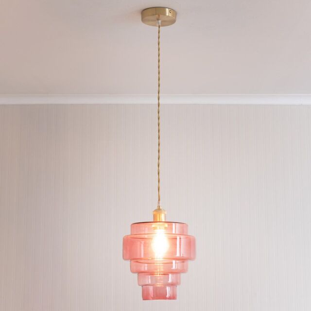 ValueLights Lane Glass 5 Tier Shade Brushed Gold Single Ceiling Pendant Light in Bright Pink - image 1