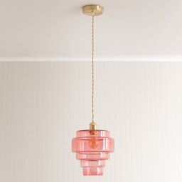 ValueLights Lane Glass 5 Tier Shade Brushed Gold Single Ceiling Pendant Light in Bright Pink - thumbnail 3