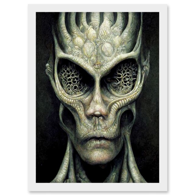 Artery8 Gray Alien Gothic Horror Dark Monochrome Artwork Framed Wall Art Print A4 in White - image 1