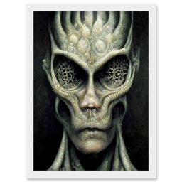 Artery8 Gray Alien Gothic Horror Dark Monochrome Artwork Framed Wall Art Print A4 in White - thumbnail 1