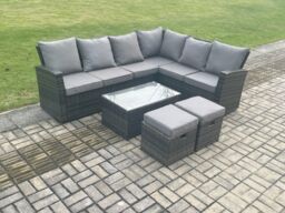 Fimous Wicker PE Outdoor Garden Furniture Set High Back Rattan Corner Sofa Set with Rectangular Coffee Table 2 Small Footstools in Dark Grey - thumbnail 1