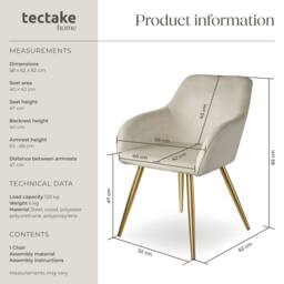 tectake Accent Chair Marilyn Per Piece - Cream/Gold in Cream - Size: 1 Pack - thumbnail 6