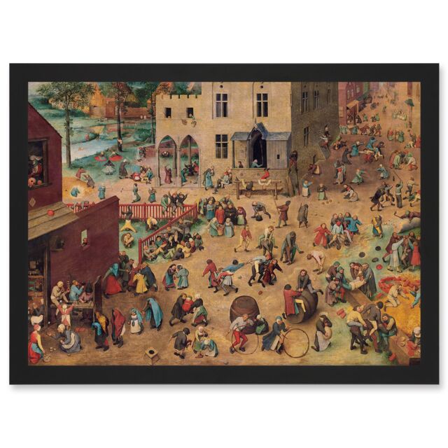 Artery8 Pieter Bruegel Childrens Games Painting Artwork Framed Wall Art Print A4 in Black - image 1