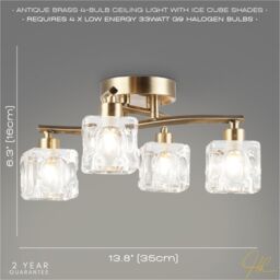 Happy Homewares Modern 4-Bulb Ceiling Light with Square Clear Ice Cube Shades in Metallic Gold - thumbnail 6