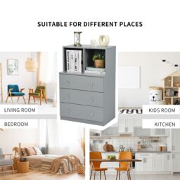 Gymax 3-Drawer Chest of Drawers With 2 Cubbies Storage Dresser Organizer in Grey - thumbnail 3