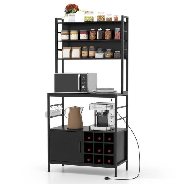 Gymax Bakers Rack Bar Cabinet Microwave Stand With Power Outlet Metal Frame in Black - image 1