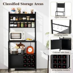 Gymax Bakers Rack Bar Cabinet Microwave Stand With Power Outlet Metal Frame in Black - thumbnail 2