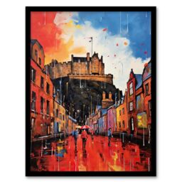 "Artery8 Edinburgh Castle Vibrant Oil Painting Autumn Rain Cityscape Art Print Framed Poster Wall Decor in Black - Size: W12"" x H16""" - thumbnail 1