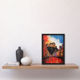 "Artery8 Edinburgh Castle Vibrant Oil Painting Autumn Rain Cityscape Art Print Framed Poster Wall Decor in Black - Size: W12"" x H16""" - thumbnail 4