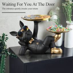 Huhote Black Resin French Bulldog Statue Decor with Tray Lying Sculpture - thumbnail 6