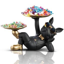 Huhote Black Resin French Bulldog Statue Decor with Tray Lying Sculpture - thumbnail 1