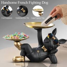Huhote Black Resin French Bulldog Statue Decor with Tray Lying Sculpture - thumbnail 3
