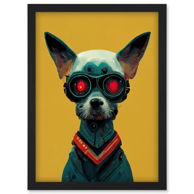 Artery8 Cyborg Chihuahua Dog With Infrared Goggles In Mustard Red Background Artwork Framed Wall Art Print A4 in Black - image 1