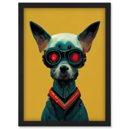 Artery8 Cyborg Chihuahua Dog With Infrared Goggles In Mustard Red Background Artwork Framed Wall Art Print A4 in Black - thumbnail 1