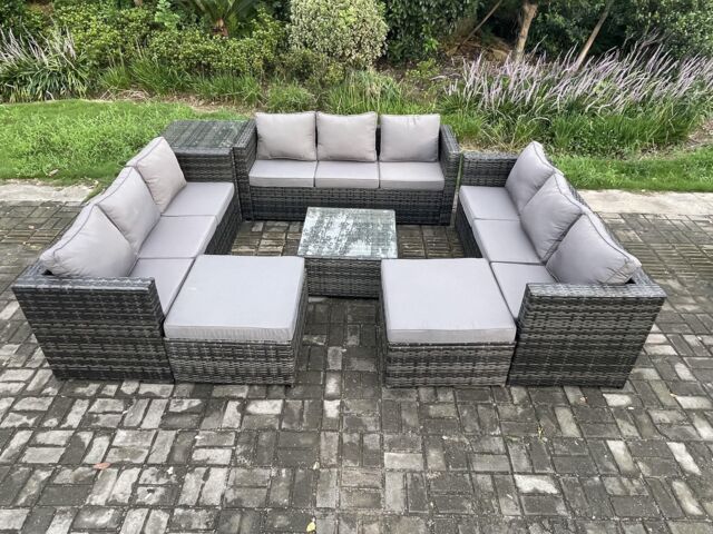 Fimous Outdoor Rattan Garden Furniture Set 11 Seater Patio Lounge Sofa Set with Side Table Square Coffee Table 2 Big Footstool in Dark Grey - image 1