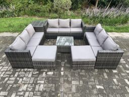 Fimous Outdoor Rattan Garden Furniture Set 11 Seater Patio Lounge Sofa Set with Side Table Square Coffee Table 2 Big Footstool in Dark Grey - thumbnail 2