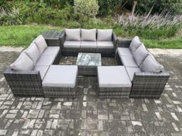 Fimous Outdoor Rattan Garden Furniture Set 11 Seater Patio Lounge Sofa Set with Side Table Square Coffee Table 2 Big Footstool in Dark Grey - thumbnail 1