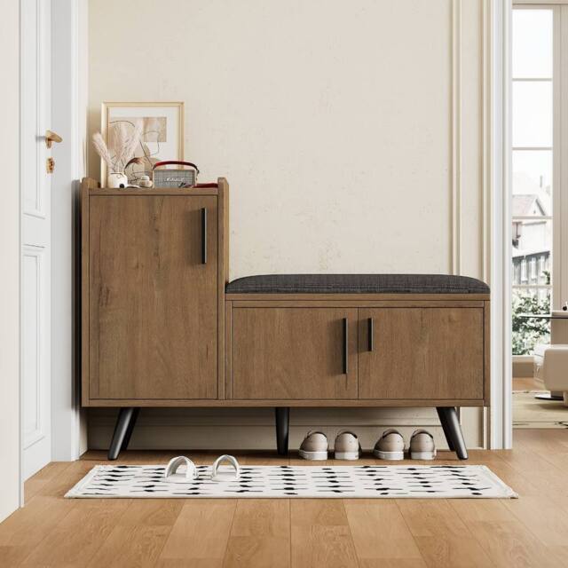 Rolipo Modern Natural Shoe Bench with Seat & Adjustable Storage Cabinet in Brown - image 1