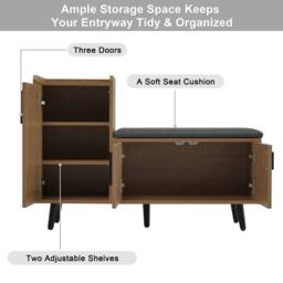 Rolipo Modern Natural Shoe Bench with Seat & Adjustable Storage Cabinet in Brown - thumbnail 4