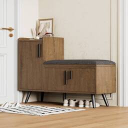 Rolipo Modern Natural Shoe Bench with Seat & Adjustable Storage Cabinet in Brown - thumbnail 7