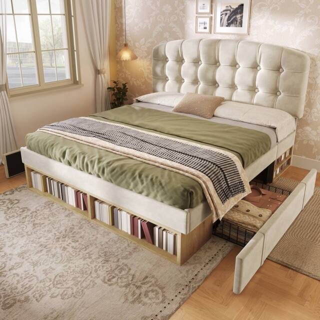 Merax 5FT Velvet Upholstered King Storage Bed with Adjustable Headboard in Beige - image 1