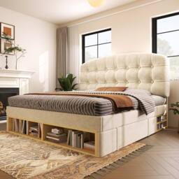 Merax 5FT Velvet Upholstered King Storage Bed with Adjustable Headboard in Beige - thumbnail 8