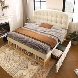 Merax 5FT Velvet Upholstered King Storage Bed with Adjustable Headboard in Beige - thumbnail 7