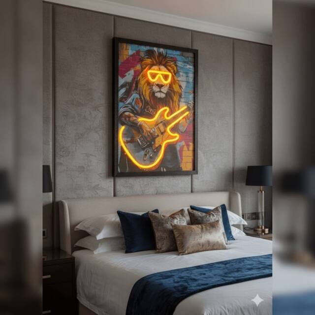 HOME LUXE INTERIOR Rock Star Lion Guitarist Neon LED Wall Art - 40x60cm Canvas USB - Size: 40x60 cm - image 1
