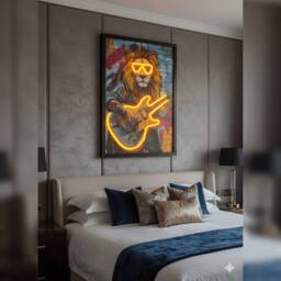 HOME LUXE INTERIOR Rock Star Lion Guitarist Neon LED Wall Art - 40x60cm Canvas USB - Size: 40x60 cm - thumbnail 1