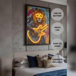 HOME LUXE INTERIOR Rock Star Lion Guitarist Neon LED Wall Art - 40x60cm Canvas USB - Size: 40x60 cm - thumbnail 2