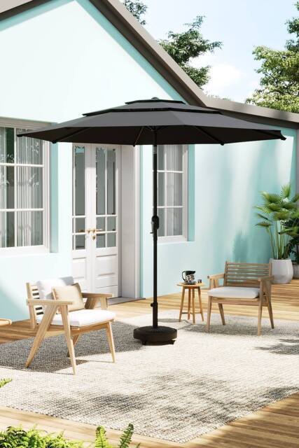 H&O Direct Outdoor Garden 3-Tier Umbrella with Crank & Concrete-Filled Stand in Dark Grey