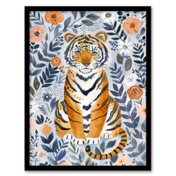 "Artery8 Cute Baby Tiger in Floral Pattern Blue Design Framed Wall Art - Size: W12"" x H16""" - thumbnail 1