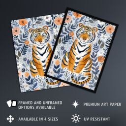 "Artery8 Cute Baby Tiger in Floral Pattern Blue Design Framed Wall Art - Size: W12"" x H16""" - thumbnail 2