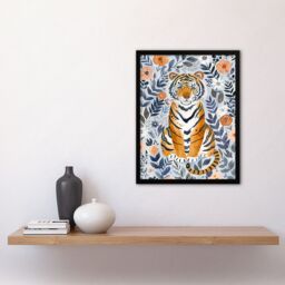 "Artery8 Cute Baby Tiger in Floral Pattern Blue Design Framed Wall Art - Size: W12"" x H16""" - thumbnail 4