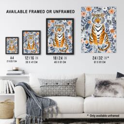 "Artery8 Cute Baby Tiger in Floral Pattern Blue Design Framed Wall Art - Size: W12"" x H16""" - thumbnail 3