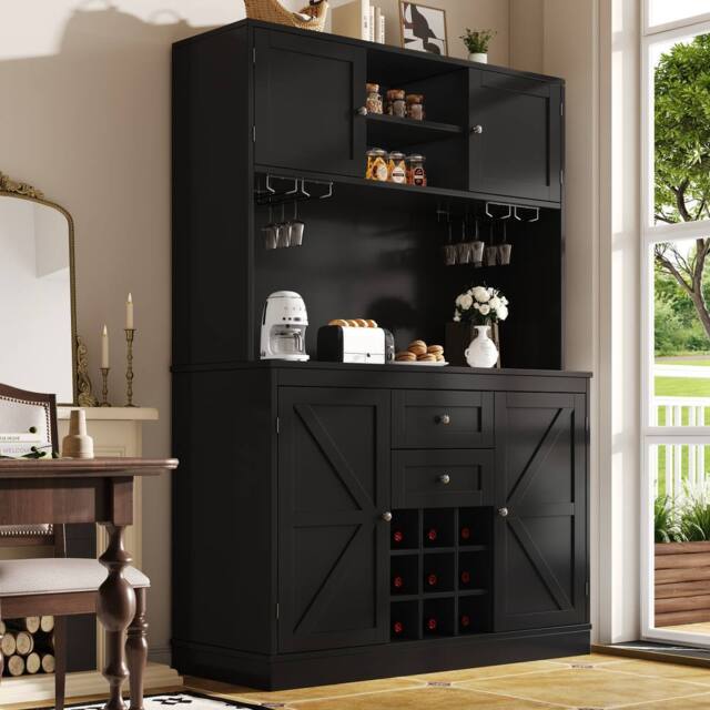 BTM Tall kitchen cabinet with adjustable shelves & wine rack in Black - image 1