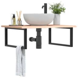 Berkfield Home Basin Shelf Wall Mounted Steel & Solid Wood Oak in Light Tan - thumbnail 2