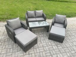 Fimous 6 Seater Rattan Wicker Garden Furniture Patio Conservatory Sofa Set with Rectangular Coffee Table Reclining Chair Love Sofa 2 Big Footstool - thumbnail 2