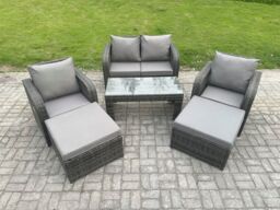 Fimous 6 Seater Rattan Wicker Garden Furniture Patio Conservatory Sofa Set with Rectangular Coffee Table Reclining Chair Love Sofa 2 Big Footstool - thumbnail 1