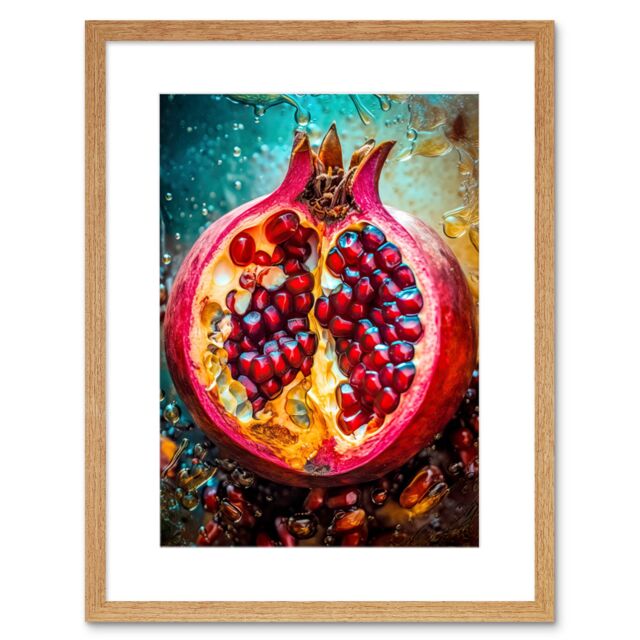 "Artery8 Wall Art Print Sliced Pomegranate Fruit Photorealistic Painting Artwork Framed 9X7 Inch in Beige - Size: W7"" x H9""" - image 1