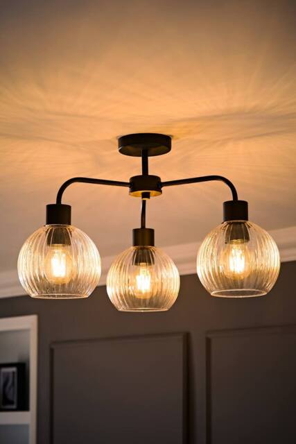 ValueLights Maddison Clear Ribbed Glass Globe 3 Arm Ceiling Light & Filament Bulbs in Black - image 1