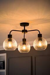 ValueLights Maddison Clear Ribbed Glass Globe 3 Arm Ceiling Light & Filament Bulbs in Black - thumbnail 1