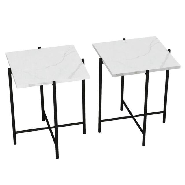 Havendro White Square Set of 2 Marble Effect Coffee Tables Metal Frame - image 1