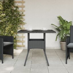 Berkfield Home Garden Table with Glass Top Black 80x80x75 cm Poly Rattan - Size: 80 x 80 x 75 cm - thumbnail 3
