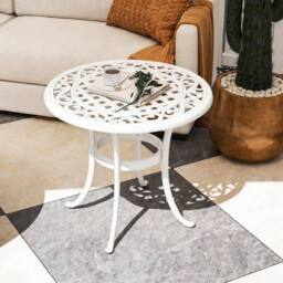 OUTSUNNY 60cm Round Garden Table with Cast Aluminium Frame, White