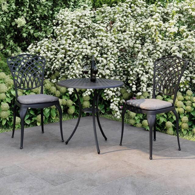 Charles Bentley Cast Aluminium Bistro Table & 2 Chairs Set Black Outdoor Table in Grey - image 1