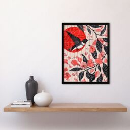 "Artery8 Hummingbird & Cherry Blossoms Folk Art Painting Framed Art Print in Red - Size: W12"" x H16""" - thumbnail 4