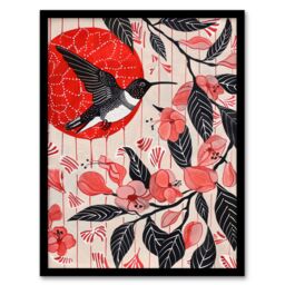 "Artery8 Hummingbird & Cherry Blossoms Folk Art Painting Framed Art Print in Red - Size: W12"" x H16""" - thumbnail 1