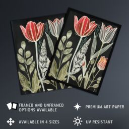 "Artery8 Tulip Flower Field Red Green Grey Folk Art Floral Framed Art Print - Size: W12"" x H16""" - thumbnail 2